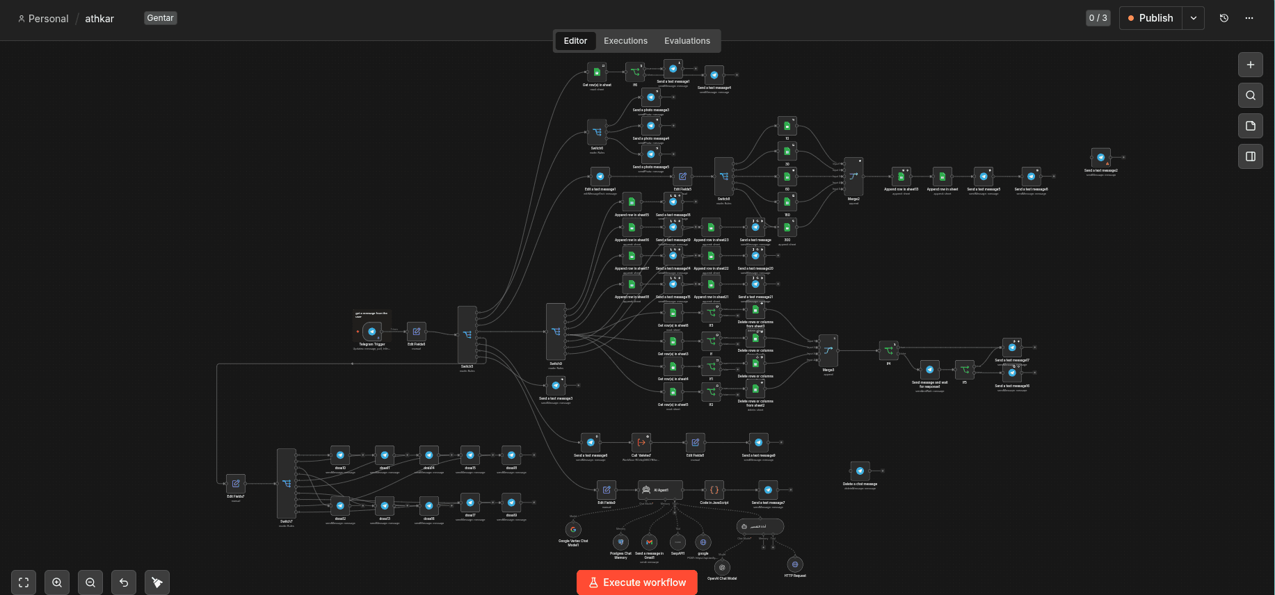 The bot's n8n workflow: a Telegram trigger routing into roughly ninety nodes covering scheduled reminders, Google Sheets storage and an AI agent with chat memory.